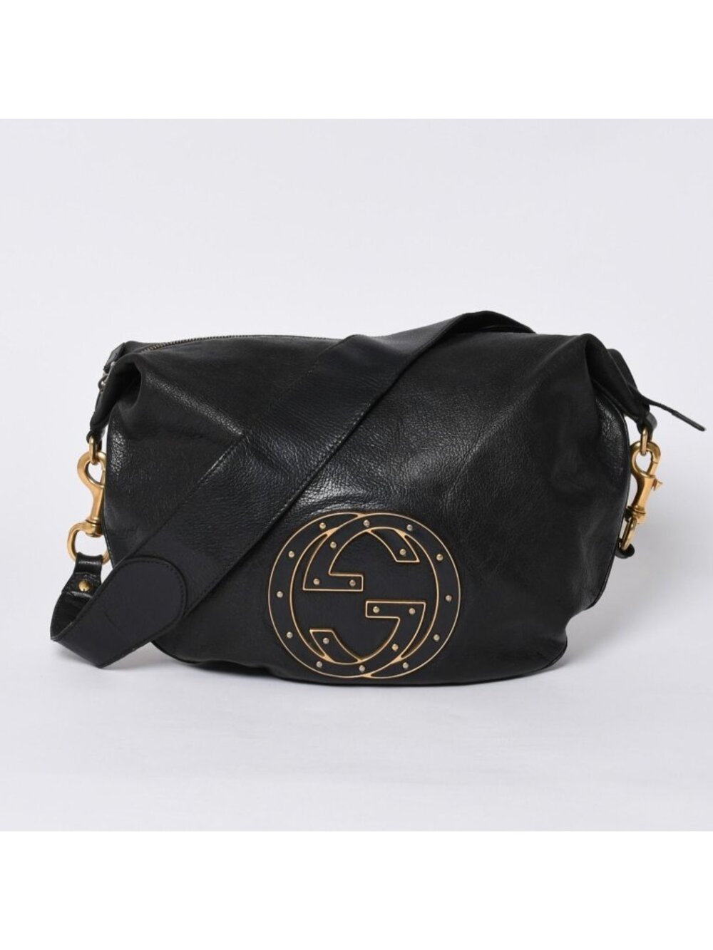 Gucci Bag Double G GG Logo Leather Black Gold